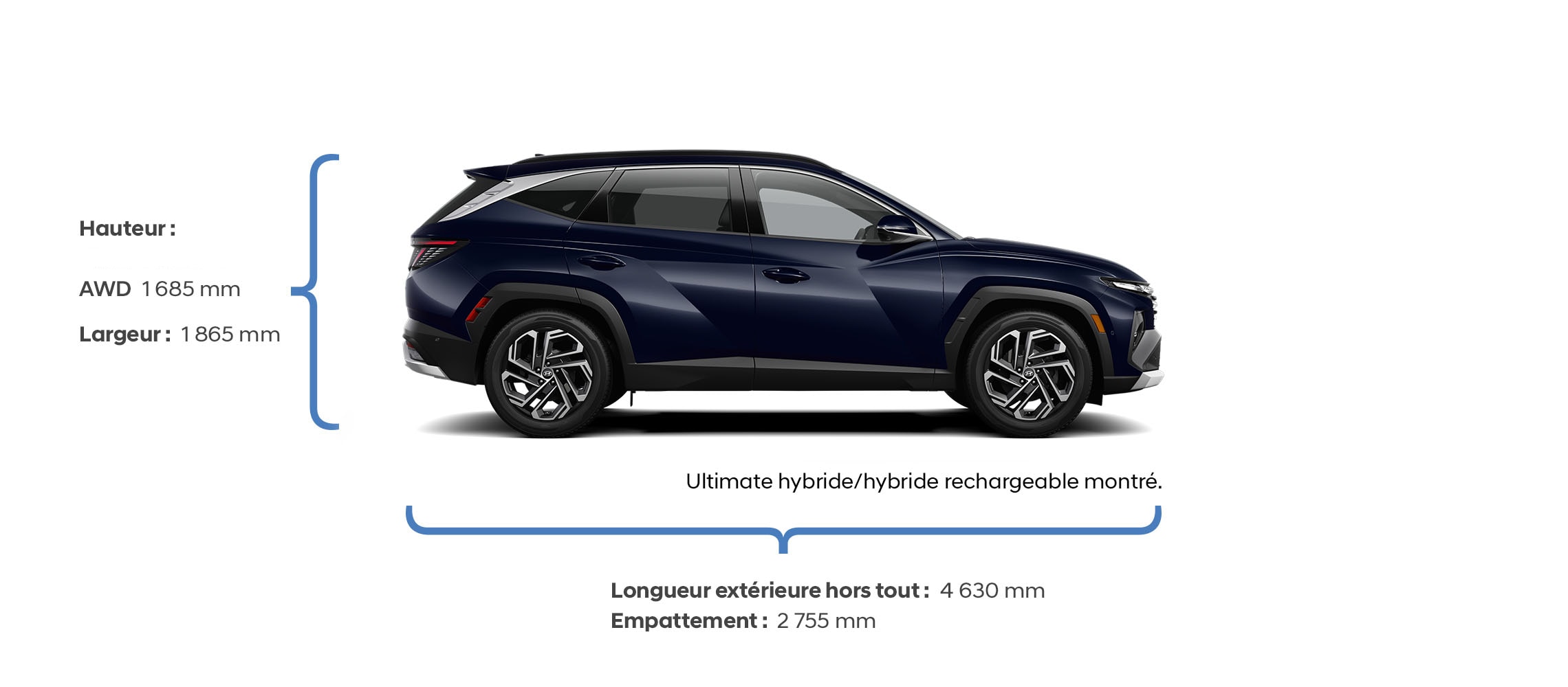 Hyundai TUCSON modèle Ultimate hybride/hybride rechargeable; Traction intégrale Hauteur : 1 685 mm; Largeur : 1 865 mm; Longueur extérieure hors tout : 4 630 mm; Empattement : 2 755 mm